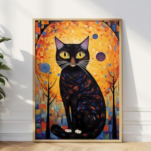 Gustav Klimt Cat Wall Art Print, Black vat Wall Art Decor, Klimt Inspired Wall Art Decor, Cat Lover Gift, Abstract Cat Wall Art