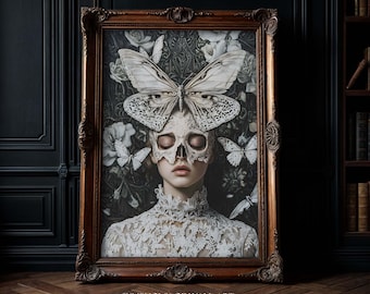 Veiled Woman Moth Art Print, Gothic Witchy Decor