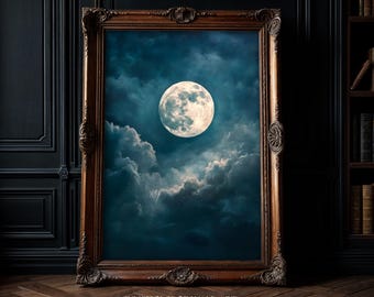 Vintage Moon Art Print: Dark Cottagecore Landscape, Celestial Wall Decor