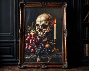 Vintage Dark Academia Roses and Skull Wall Art Print: Gothic Decor