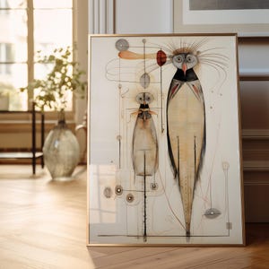 May include: A framed illustration of two stylized bird-like figures with long, thin bodies and intricate details. The figures are drawn in shades of brown, gray, and white on a white background. The frame is gold.
