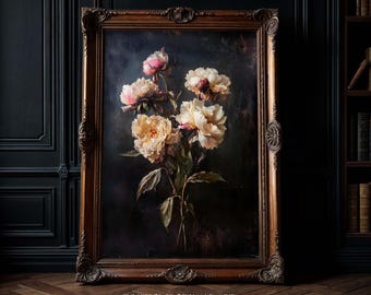 Dark Academia Peony Art Print: Victorian Gothic Blooming Flowers Art