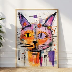 Abstract Cat Portrait Print: Colorful Picasso Style Wall Art