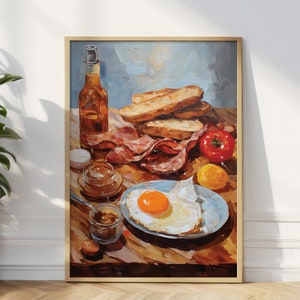 Póster de comida de desayuno inglés, tarjeta de cumpleaños con comida inglesa, impresión de arte mural con comida, arte mural con huevos y faro, divertida tarjeta de felicitación inglesa