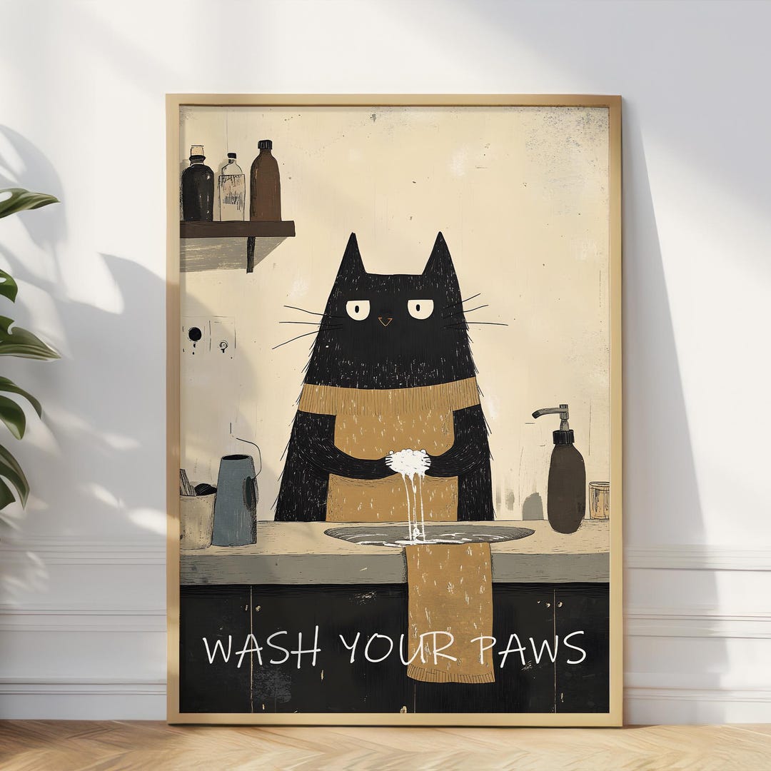 Cartello Divertente In Latta Wash Your Paws - Gatto Nero, Vintage 30x20 Cm, Decorazione Per Bagno, Bar, Casa, Regalo Ironico
