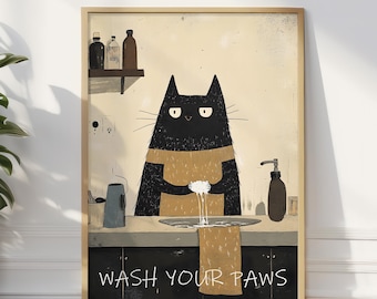 May include: A black cat wearing a brown apron washes its paws in a sink with the text "WASH YOUR PAWS" below.