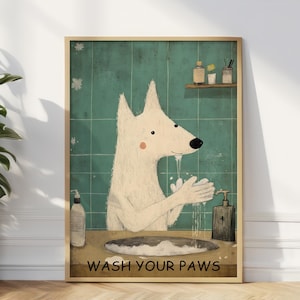 Impressão engraçada de cachorro lavando as patas: arte vintage para parede de banheiro
