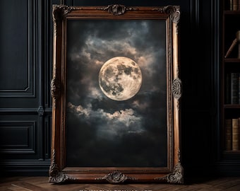 Vintage Landscape Art Print: Dark Cottagecore Celestial Moon Oil Painting