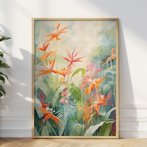 Stampa artistica da parete con uccelli e fiori tropicali, stampa artistica da parete ispirata a William Morris, regalo per gli amanti dell'arte degli uccelli del paradiso, poster botanico