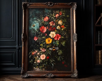 Vintage Fall Floral Print | Dark Autumn Flower Painting | Moody Botanical Fall Decor |
