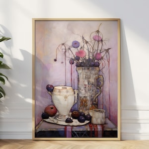 Impresión de arte mural de cocina morada, arte mural morado único inspirado en Gustav Klimt y Margaret Mackintosh, póster de café