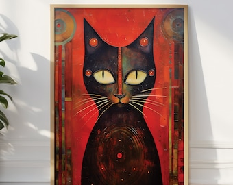 May include: A black cat with yellow eyes and red accents is depicted in a stylized painting against a red background. The cat's fur is textured and the background has a geometric pattern.