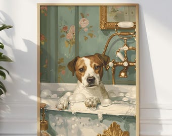 Funny Jack Russell in Tub Art Print: Bathroom Wall Decor