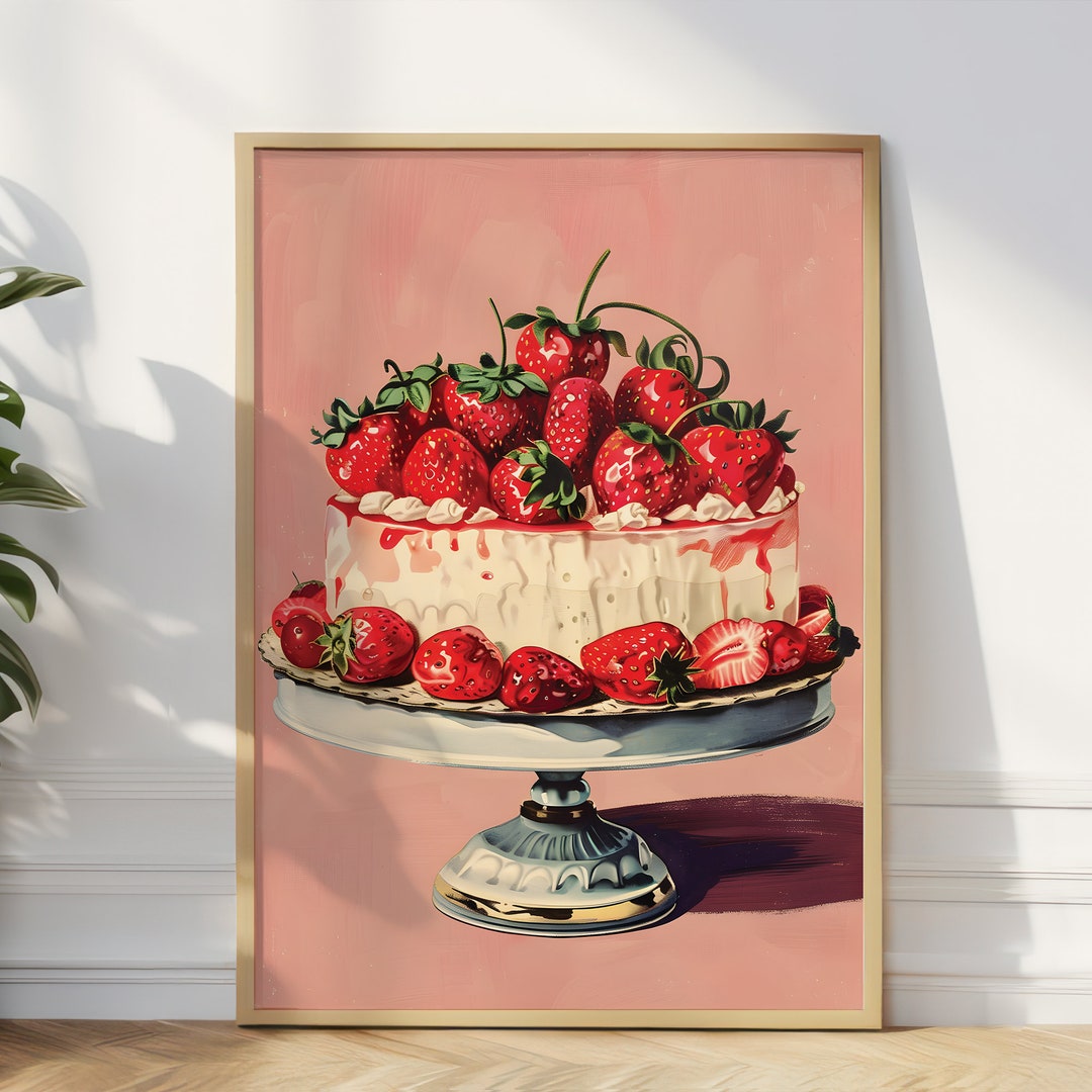 Vintage Strawberry Cake Art Print: Retro Kitchen Wall Decor - Etsy