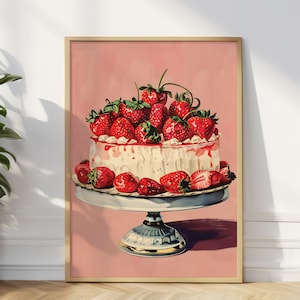 Impressão de arte de bolo de morango vintage: decoração de parede de cozinha retrô