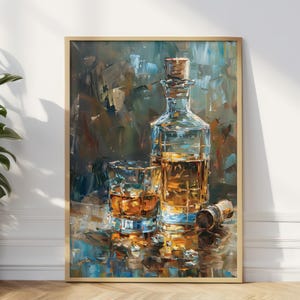 Malarstwo olejne w stylu vintage whisky sztuka ścienna na płótnie, bourbon whisky w szkle, unikalny wystrój jaskini człowieka, idealny prezent dla miłośników whisky