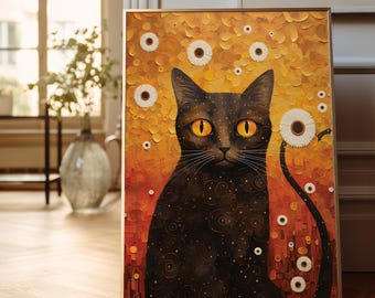 Gustav Klimt Black Cat Wall Art Print: Abstract Feline Decor