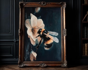 Dark Cotagecore Bumblebee Art Print: Dark Academia Floral Decor