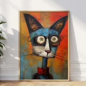 Impression d'art chat Picasso, art mural chat fou, affiche abstraite de chat inspiré de Picasso et Klee, cadeau chat drôle, cadeau pour amoureux des chats, cadeau ami