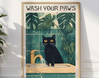 Black Cat Wash Paws Poster: Vintage Bathroom Art Print