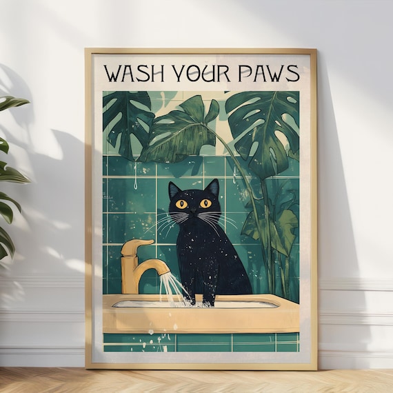 Black Cat Wash Paws Poster: Vintage Bathroom Art Print