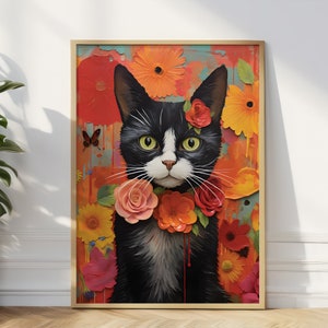 Frida Kahlo kattenposter, kattenwenskaart, geïnspireerd door Frida Kahlo, uniek housewarmingcadeau, bloemenposter, kattenillustratiekaart