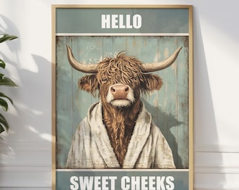 Highland Cow Bathroom Print: Funny Vintage Sweet Cheeks Poster