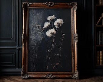 Moody Dark Botanical Floral Rose Flower Art, Witchy Cottagecore Gothic Art
