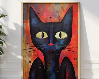 Modern Black Cat Print, Funny Animals Poster, Red Wall Decor