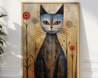 Cat In Flower Field Art Print: Abstract Black Cat Wall Decor