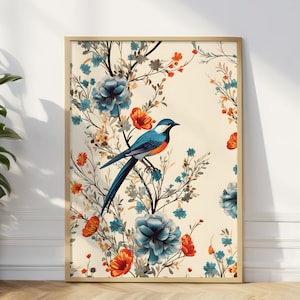 Poster di uccelli e fiori, stampa artistica floreale da parete, poster da parete con uccelli, decorazione floreale da parete, regalo per amanti dell'arte, stampa artistica botanica con uccelli