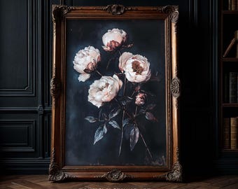 Blooming Peony Dark Academia Botanical Art Print: Victorian Gothic Flower Art