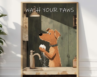 Lámina vintage de perro "Lávate las patas": Arte divertido para la pared del baño