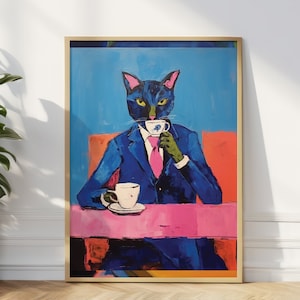 Affiche et café drôles de café, impression d'art de chat noir, affiche drôle de chat, art mural de chat d'impressionnisme, cadeau d'amant de chat affiche de chat, art de mur de chat