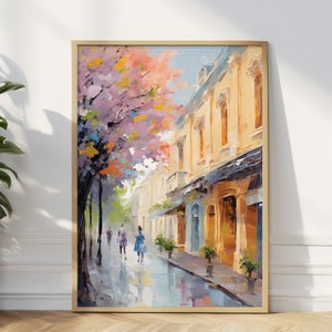 Arte mural con escena callejera romántica, impresión de paisaje urbano con flores de cerezo, tarjeta de cumpleaños con flores de cerezo, decoración parisina perfecta, regalo de inauguración de la casa, regalo para mamá