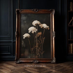 May include: A framed print of a botanical illustration featuring dried white flowers with delicate stems against a dark background. The frame is ornate and has a dark wood finish.