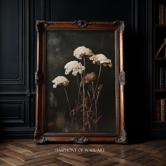 Queens Anne Lace Dark Botanical Art Print, Moody Floral Cottagecore Decor