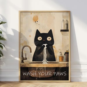 Gato preto lave suas patas pôster decoração de banheiro impressão imagem animal vintage arte de parede banheiro decoração de casa A5/A4/A3/A2