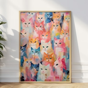 Affiche chat, chariot d'anniversaire chat mignon, impression d'art mural chat coloré, impression d'art mural, impression murale chat, art déco mural, carte de voeux chat