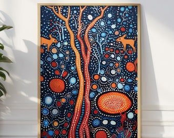 May include: Abstract painting of a forest scene with two orange animals, red and orange trees, and blue and white dots on a dark blue background.