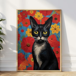 Frida Kahlo Katze Druck, Frida Kahlo Wand Kunst Inspiriert, Floral Feline Kunstdruck, Wohnkultur, Einzigartiges Housewarming Geschenk, Katze Poster
