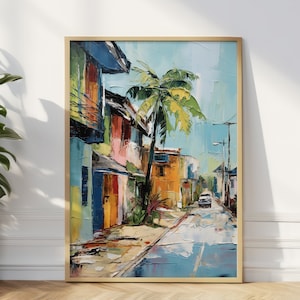 Caribische Street View-kunstprint, levendige kleuren Caribische muurkunst, Caribische poster, gicléeprints, kunst aan de muur, Caribische eiland muurprint
