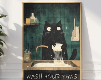 Lámina artística "Gato negro lávate las patas": Decoración de baño vintage
