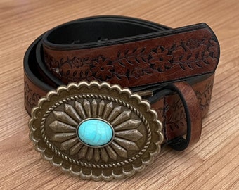 Womens Turquoise Decor Stylish Buckle Belt Flower Embossed Brown One Size