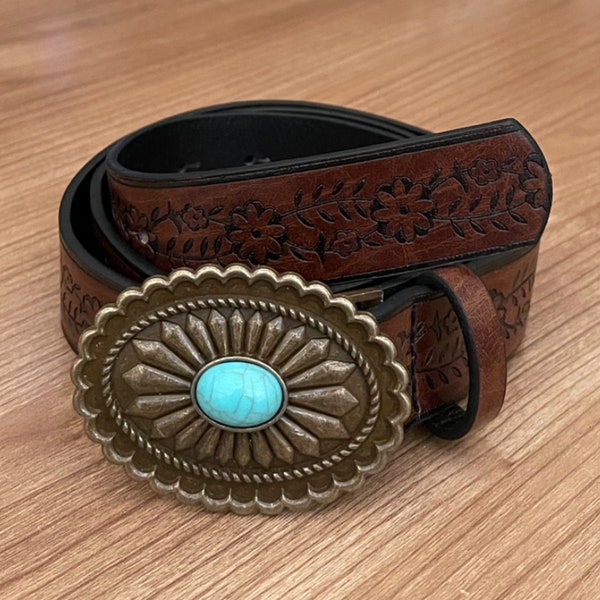 Womens Turquoise Decor Stylish Buckle Belt Flower Embossed Brown One Size