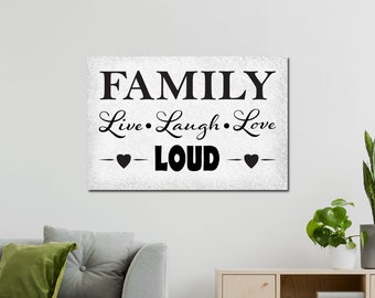 arte da parede da lona do sinal alto do amor da risada viva da família | Presente de decoração para casa | Sala de estar, quarto, placa de sala de jantar | Presente de inauguração para família