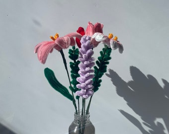 Pipe Cleaner Flower Bouquet - Lilies, Tulips, Lavenders, and Eucalyptus Set - Decorative Gifts, Affordable, Handmade, Stylized