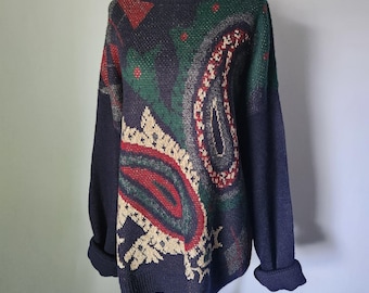 Vintage 90s Dark Grunge Forest Green Navy Paisley Cabincore Patterned COZY Grandpa Sweater / Size XL