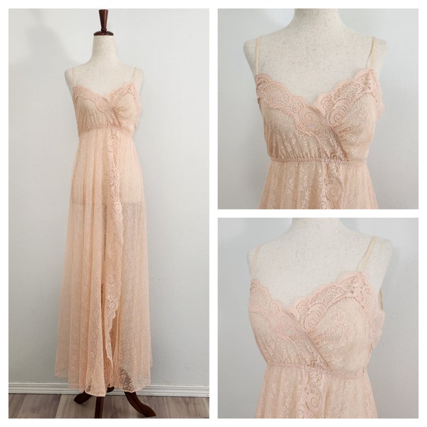 Vintage 80's Soft Grunge Peach Floral Lace Dainty Femme Fairy Slip Maxi Dress / Nightdress