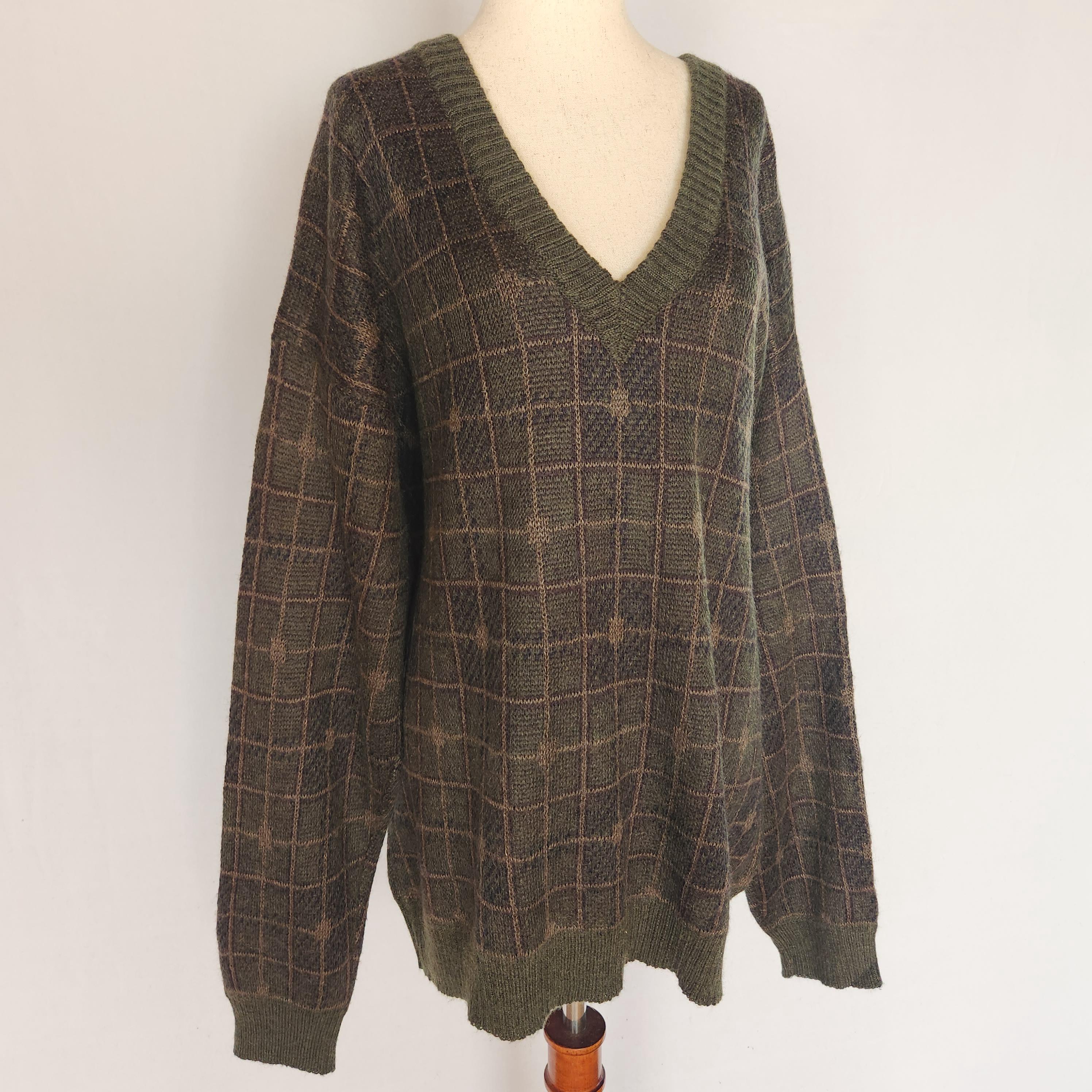 Vintage 90er Jahre Vintage Pullover kariert Grungy Oversized Opa Pullover in Waldgrün und Erdbraun